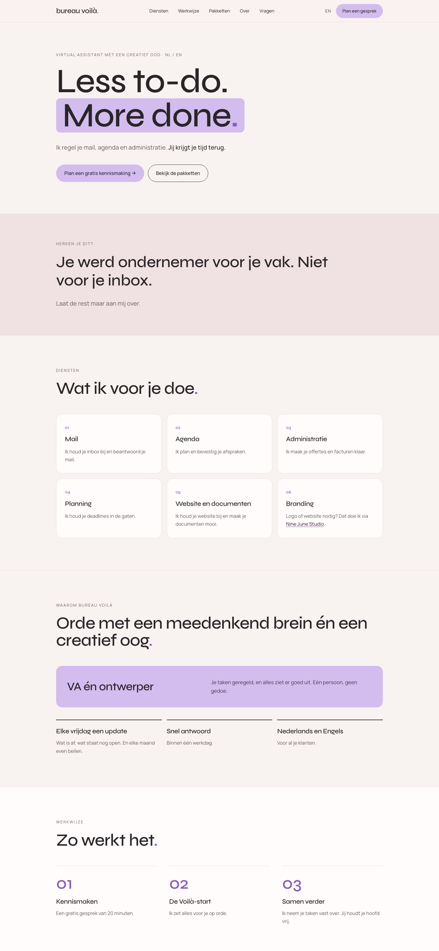 De website van bureauvoila.com, van boven naar beneden
