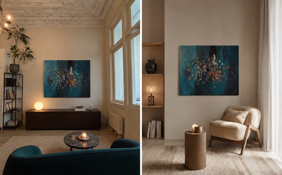 Twee impressies van het schilderij: in een woonkamer en in een leeshoek