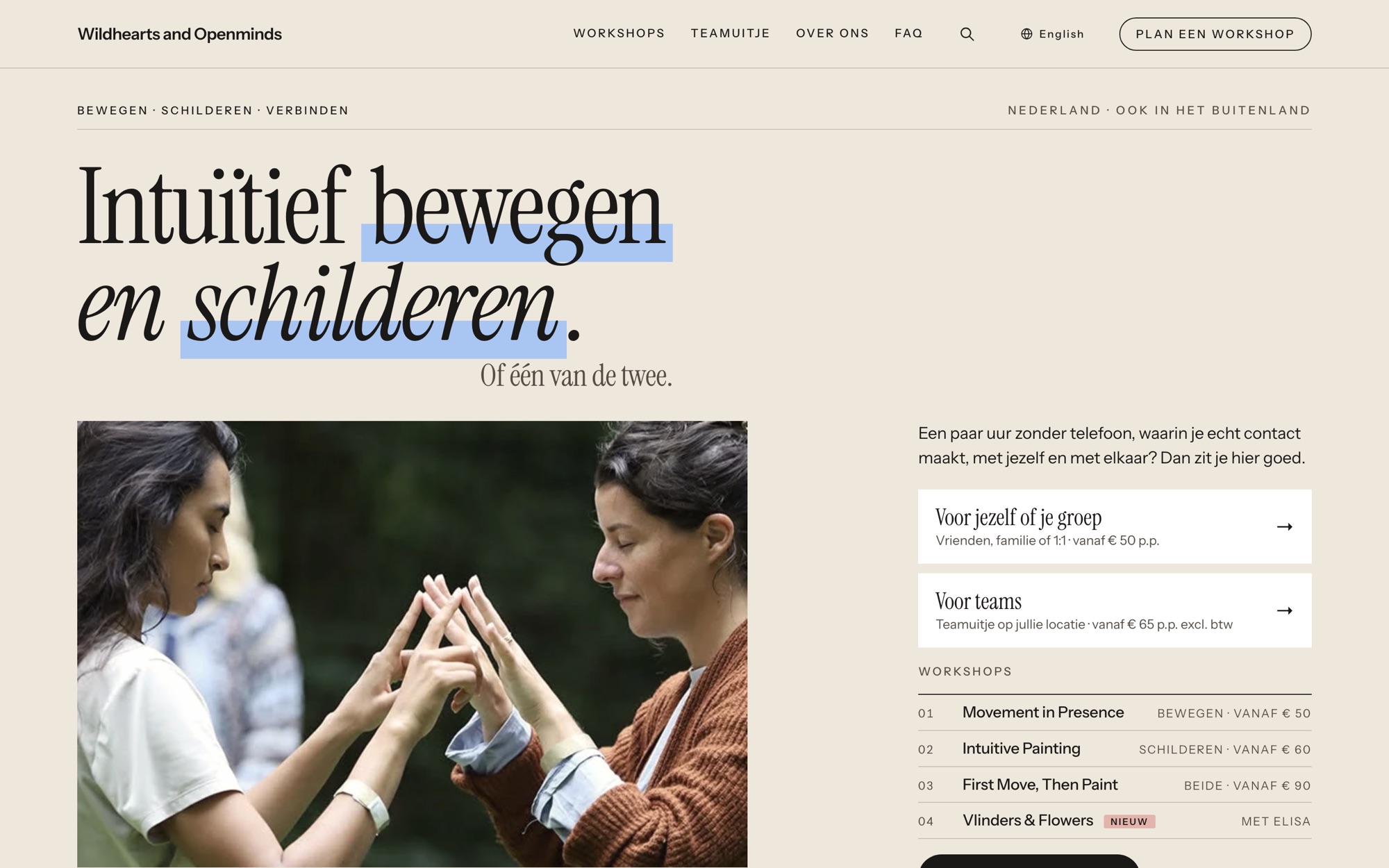 De homepage van wildheartsandopenminds.com