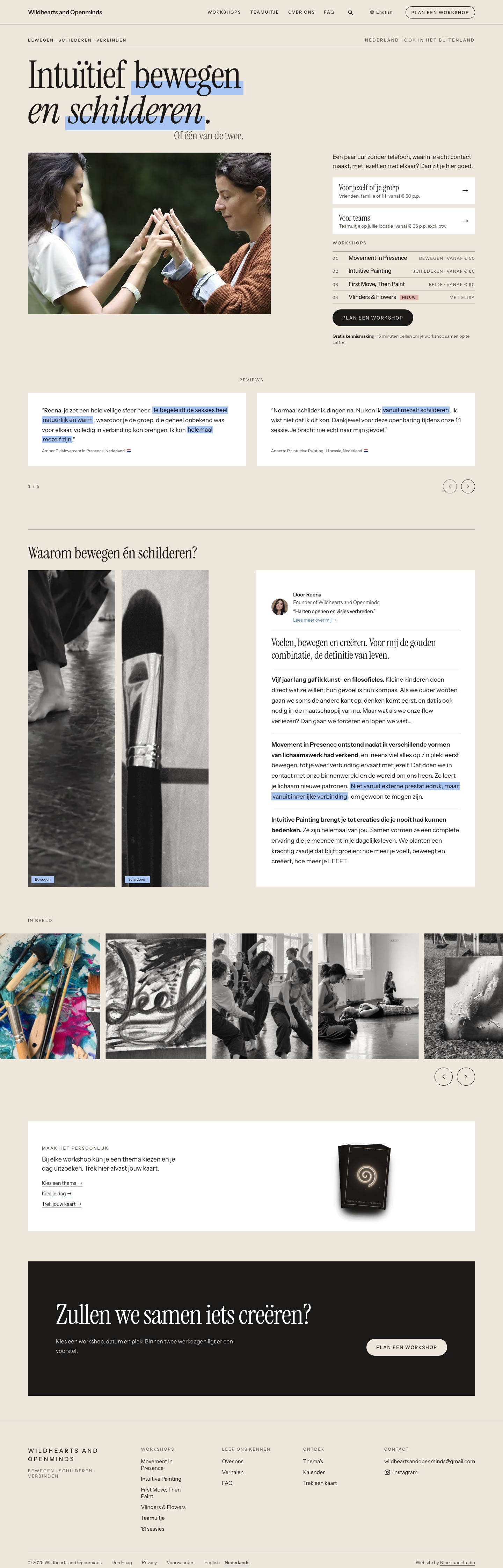 De website van wildheartsandopenminds.com, van boven naar beneden